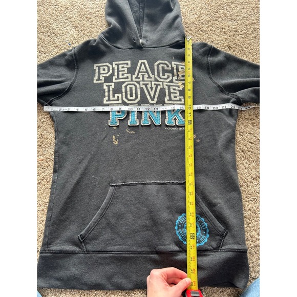 Y2K Victoria's Secret PINK Peace Love Pink Hoodie Grey Pullover Sweatshirt M 07' - Picture 9 of 9